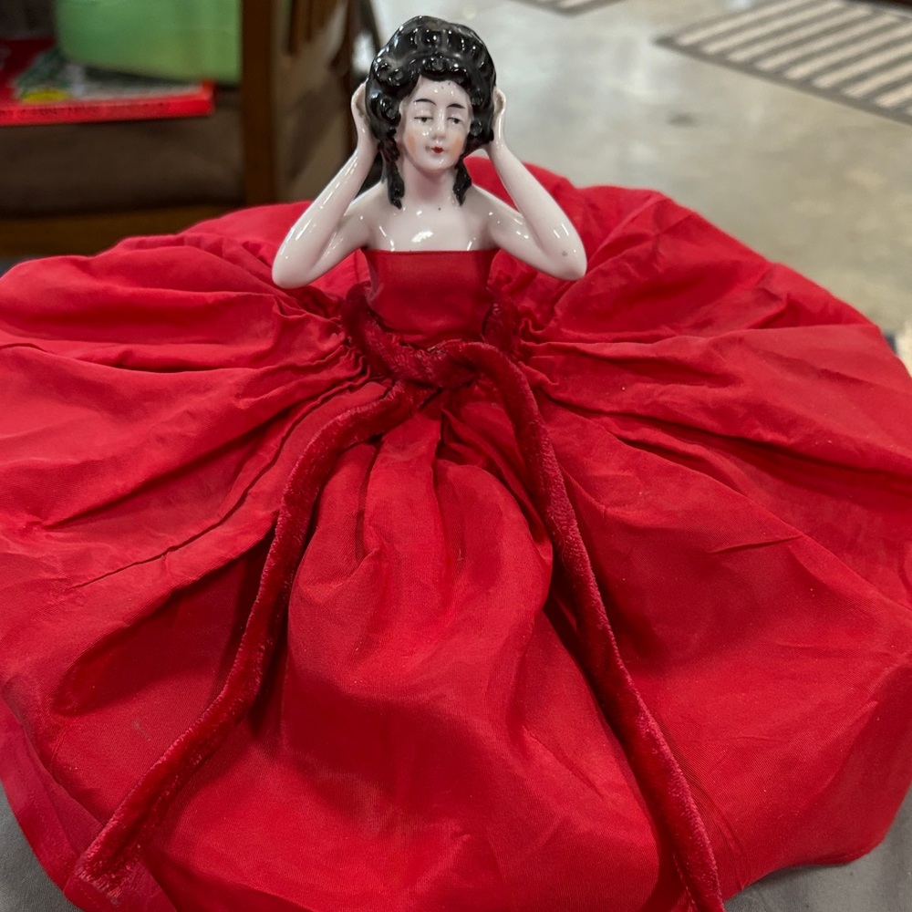 Vintage Porcelain Doll with Red Dress